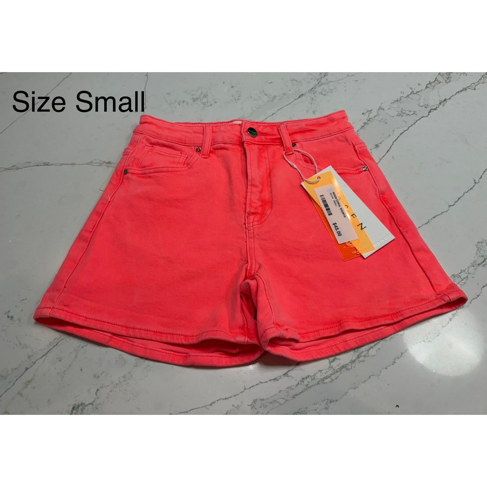 Risen Los‎ Angeles Coral Neon Pink High Waisted Denim Shorts  Womens Size S NWT